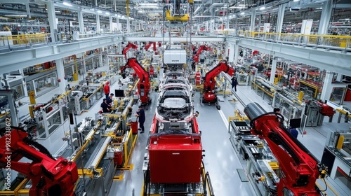 A wide-angle view of an assembly line in a high-tech manufacturing plant, with workers and machines in sync.