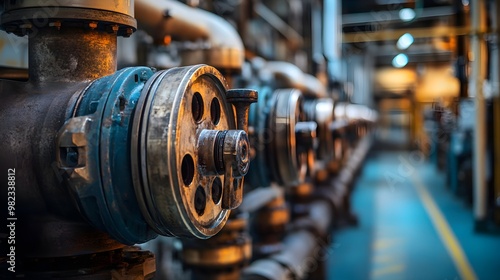 A focused view of industrial machinery featuring large valves along pipes in a factory setting, emphasizing metallic textures and operational equipment.