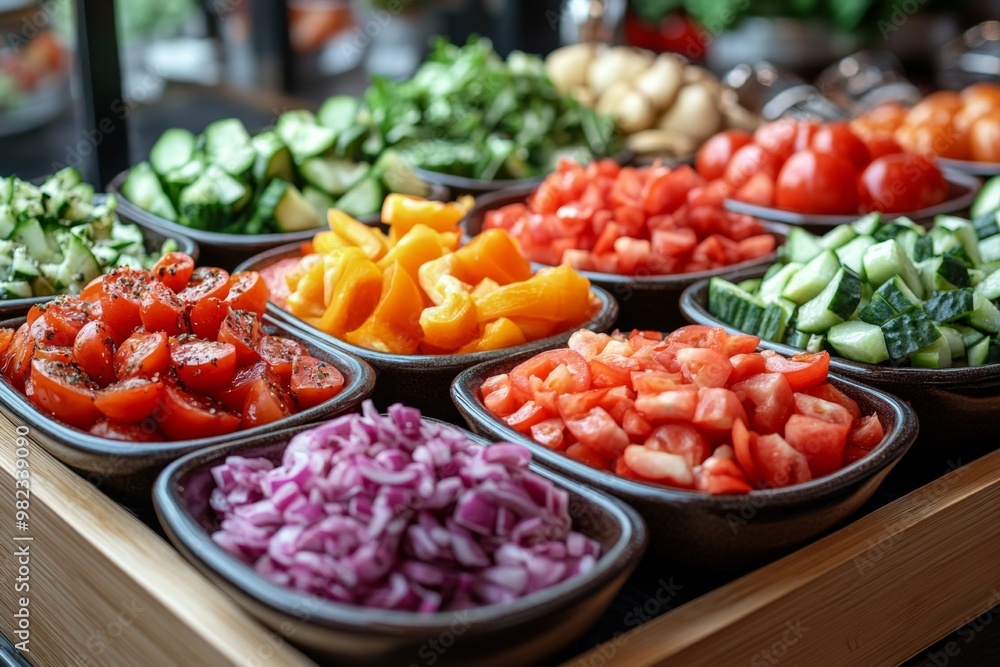 Fresh vegetables in a salad bar at a restaurant. Selective focus