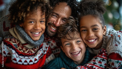 Happy family wearing colorful Christmas sweaters, smiling together in a festive holiday setting with joy and warmth.