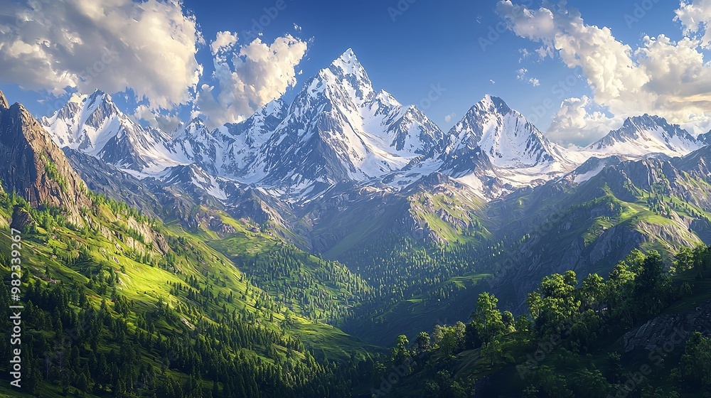 Obraz premium A scenic view of a mountain range from a distance with peaks and valleys