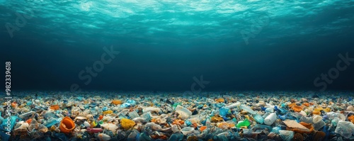 Ocean filled with plastic debris, with marine life entangled in waste, illustrating pollution and its impact on ecosystems Ocean pollution, Marine life, Environmental crisis photo