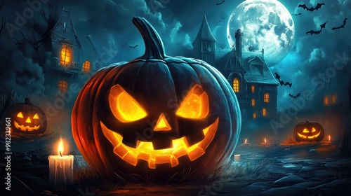 Halloween pumpkin with candlelight in front of a haunted house background,