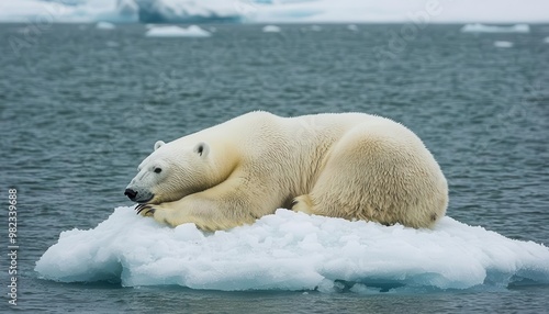 Polar bear stranded on a small ice floe in the vast ocean, symbolizing global warming and habitat loss Global warming, Wildlife conservation, Arctic melting