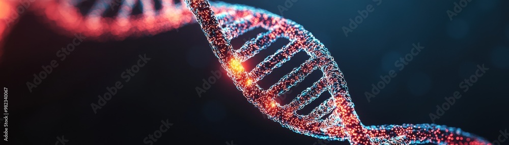 a vibrant, glowing DNA helix against a dark background, representing genetics, science, and biotechnology concepts.