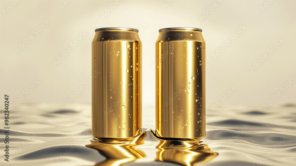 Two golden cans splashing in liquid gold surface Two golden cans splashing in liquid gold surface