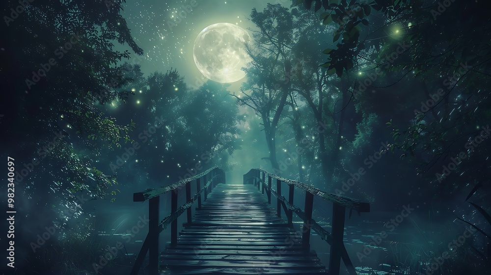 Obraz premium Footbridge route in magical moonlight throughout woodlands