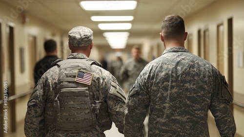 Soldiers in uniform walking down a hallway