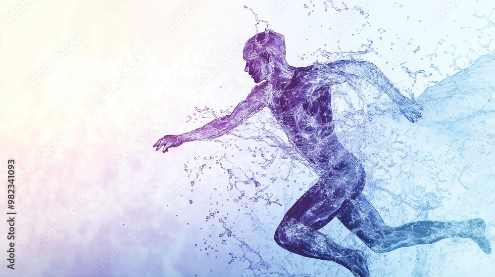 Naklejka premium Water figure running across the ocean surface with splashes at sunset