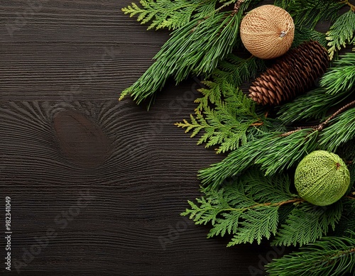 overhead view on spuce and thuja branches, Christmas background photo