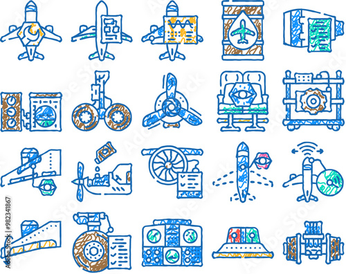 aircraft mechanic aviation doodle icons set vector. sketch line art maintenance plane, jet engine, airplane airport, technician industry, repair aircraft mechanic aviation color illustrations