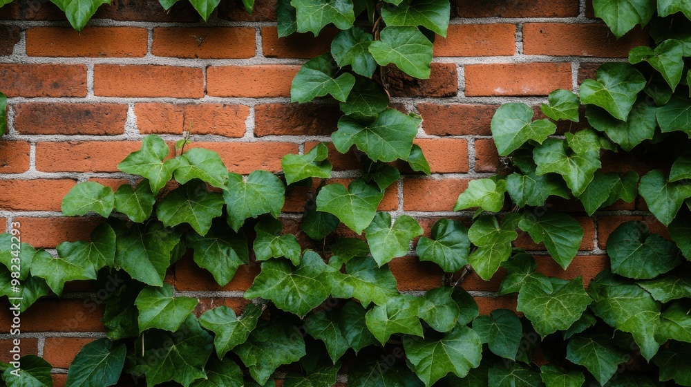 A charming old brick wall adorned with lush A charming old brick wall adorned with lush