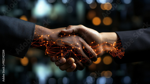 A handshake between a businessperson and an investor, with lines emanating from their hands symbolizing the global connections and social ties formed through successful partnerships.