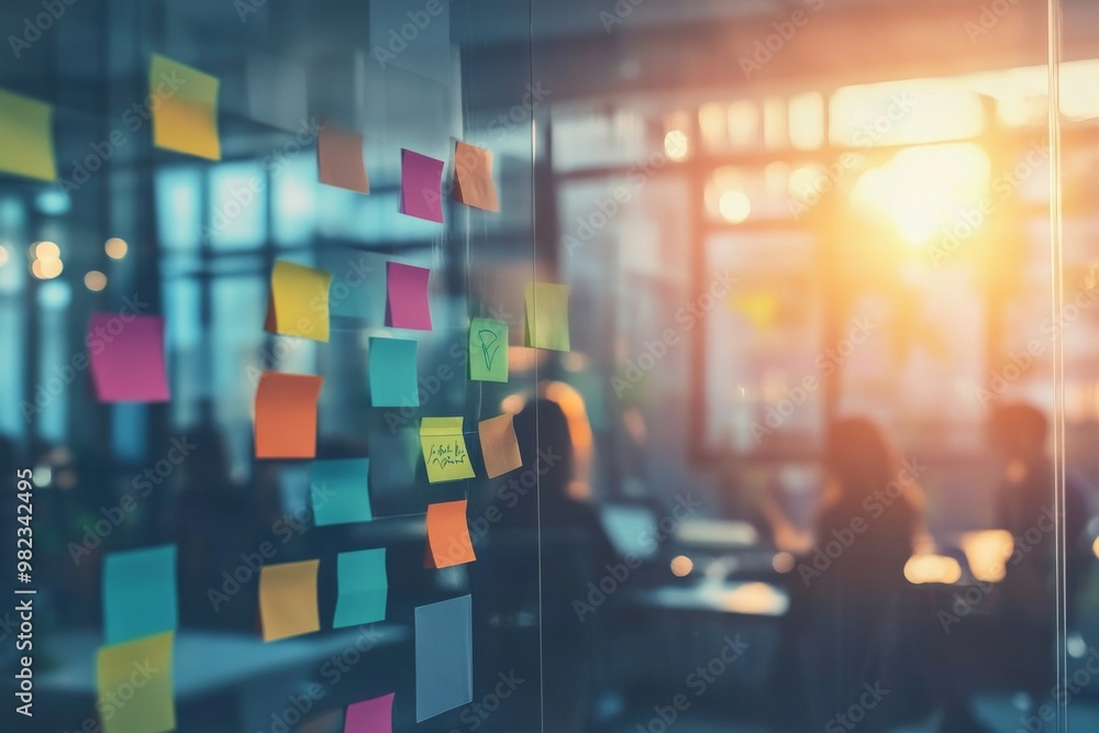 Fototapeta premium Colorful Sticky Notes on a Glass Wall in a Sunny Office