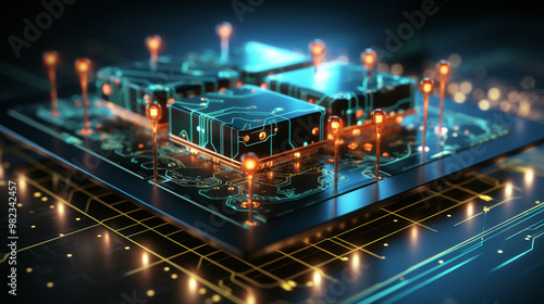 A symbolic image of a processor chip with glass-like cubes, offering a glimpse into the potential future of computing with advanced technologies and innovative designs. The dark blue and orange accent