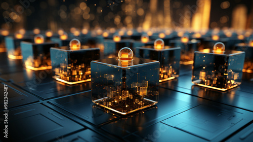 A futuristic concept image of a processor chip with glass-like cubes, representing a vision of future computing with unprecedented processing power and efficiency. The dark blue and orange color palet
