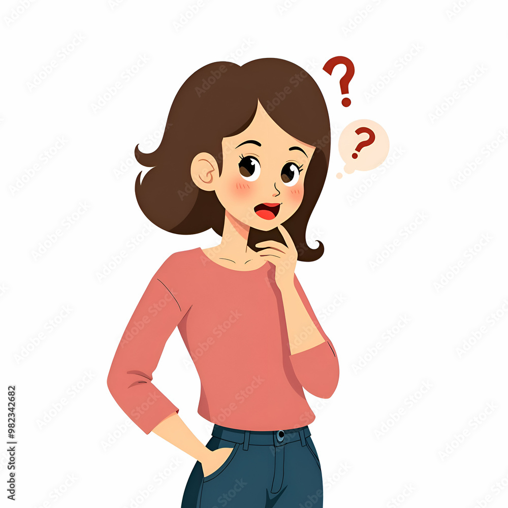 Woman or girl with Confused Expression and Question Mark isolated on white background Woman or girl with Confused Expression and Question Mark isolated on white background