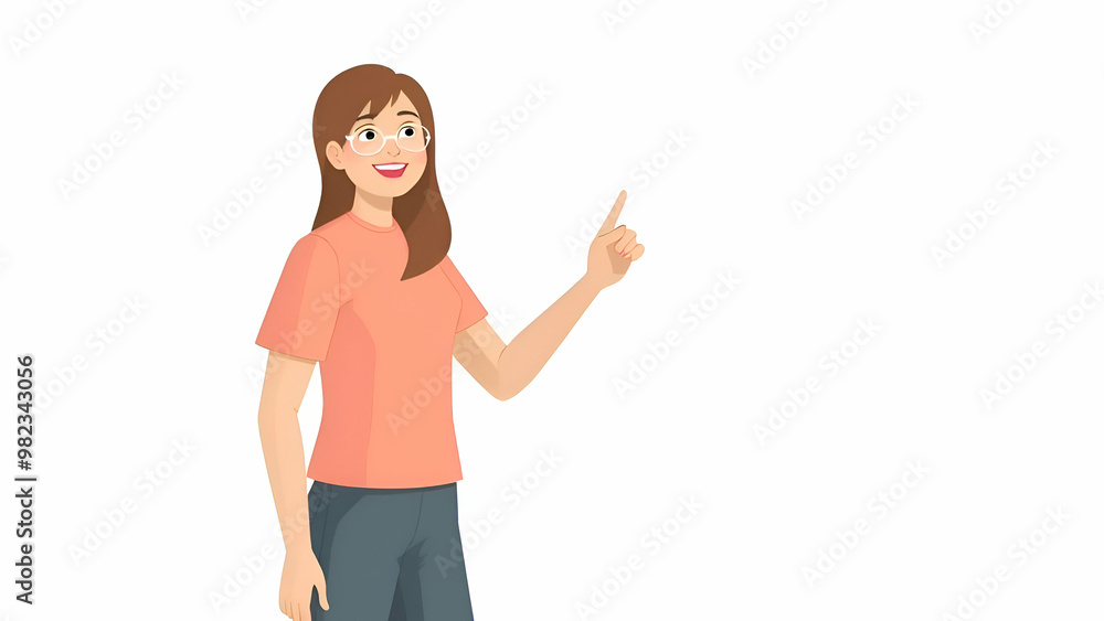 woman presenting something by pointing finger isolated on white background woman presenting something by pointing finger isolated on white background