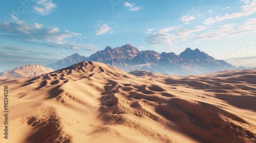 Stunning Desert Landscape Illustration with Distant Mountains and Clear Blue Sky