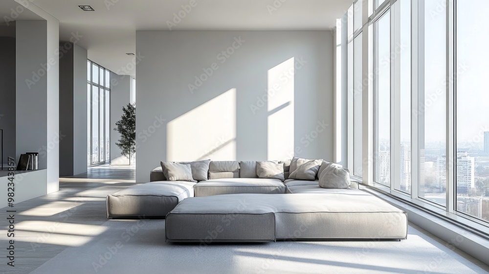 A stylish sofa in a contemporary apartment with large windows, showcasing a blend of comfort and modern design, with natural light streaming in A stylish sofa in a contemporary apartment with large windows, showcasing a blend of comfort and modern design, with natural light streaming in