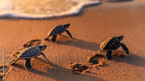 Freshly raised baby turtles walk along the sand to reach the ocean photo