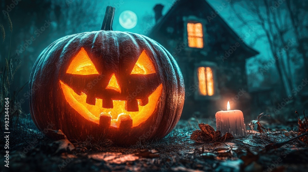 Halloween pumpkin with candlelight in front of a haunted house background, Halloween pumpkin with candlelight in front of a haunted house background,