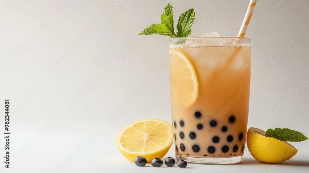 A stylishly presented bubble tea with a slice of lemon and mint leaves, showcasing its refreshing nature and elegant presentation on a pristine white background. A stylishly presented bubble tea with a slice of lemon and mint leaves, showcasing its refreshing nature and elegant presentation on a pristine white background.