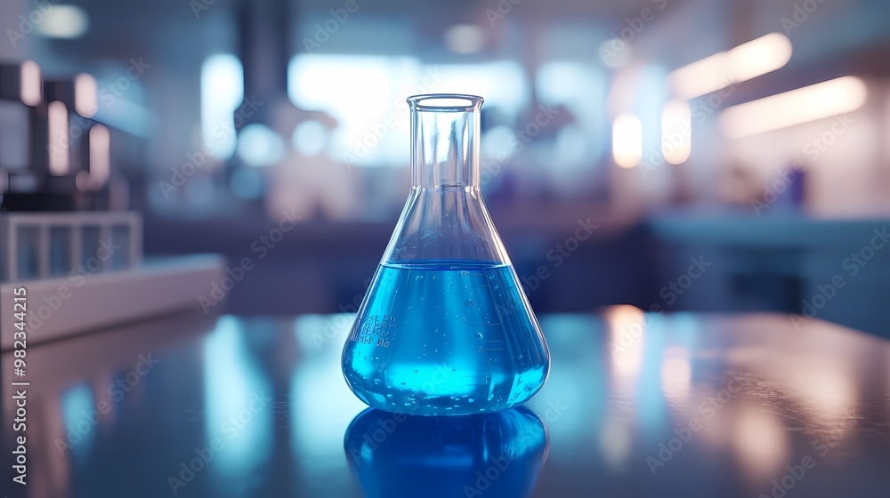 In a laboratory, an open beaker filled with clear blue liquid on a glossy table, with blurred lab equipment in the background. In a laboratory, an open beaker filled with clear blue liquid on a glossy table, with blurred lab equipment in the background.
