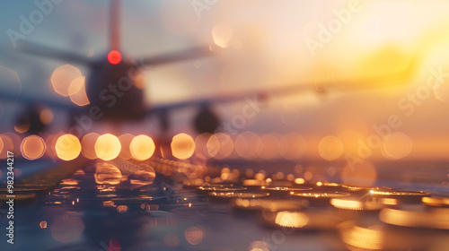 Airplane taking off at sunset with coins in the foreground