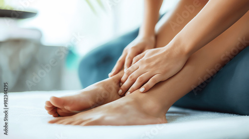 Close-up of woman gently massaging her legs while sitting on a bed