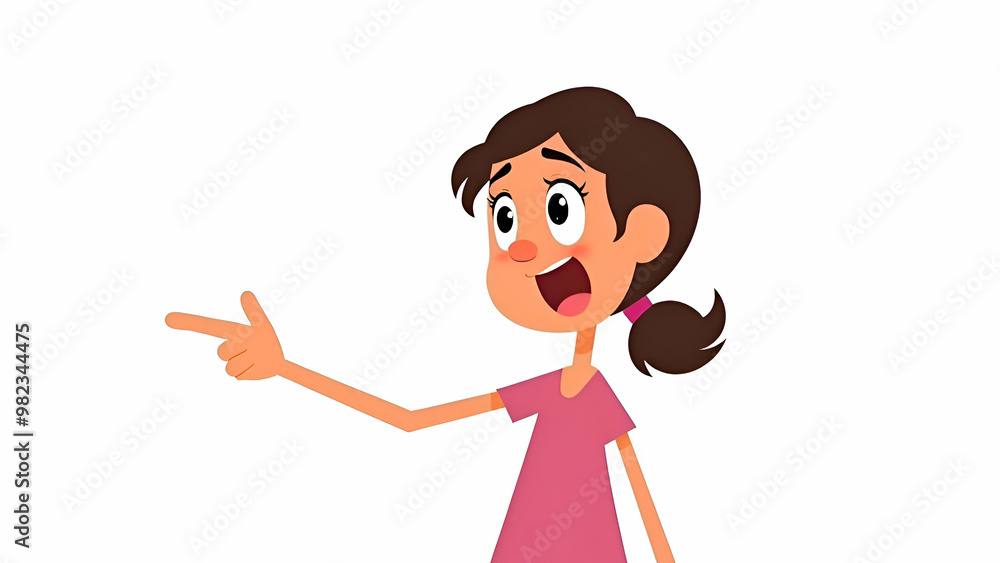 Girl wearing pink dress Pointing Up with a Curious Expression isolated on white background Girl wearing pink dress Pointing Up with a Curious Expression isolated on white background