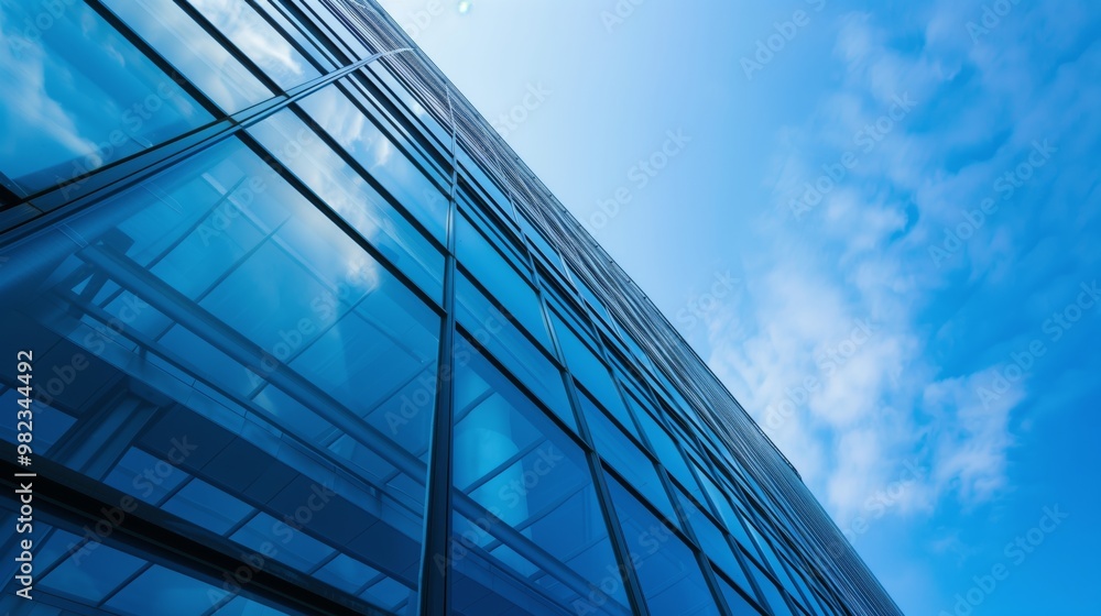 Obraz premium Modern Glass Building Facade with Blue Sky Reflection - Contemporary Urban Architecture Photograph