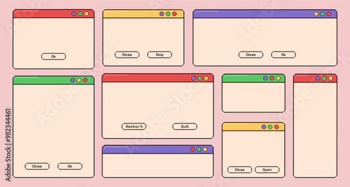 Empty pixel computer screens and templates, set of vintage opened pc windows, blank user interface. Vector illustration.