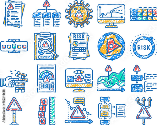 risk analyst business doodle icons set vector. sketch line art market corporate, stock data, finance plan, investment graph, technology, account risk analyst business color illustrations