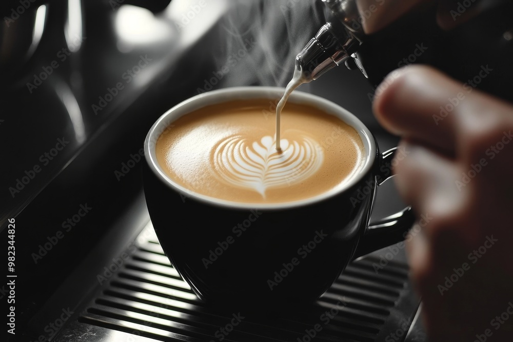 Barista pouring steamed milk into espresso to create latte art in a cozy café setting during the morning rush Barista pouring steamed milk into espresso to create latte art in a cozy café setting during the morning rush