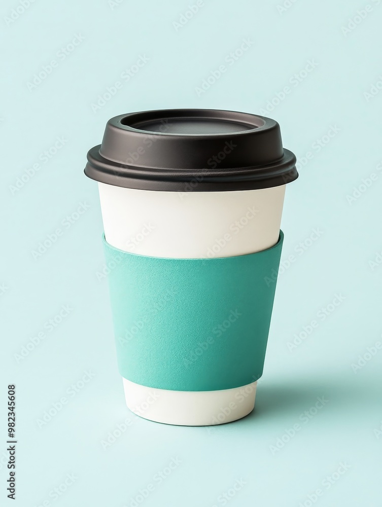 A takeaway coffee cup with a teal sleeve sits against a soft blue background, perfect for enjoying a warm beverage on the go A takeaway coffee cup with a teal sleeve sits against a soft blue background, perfect for enjoying a warm beverage on the go