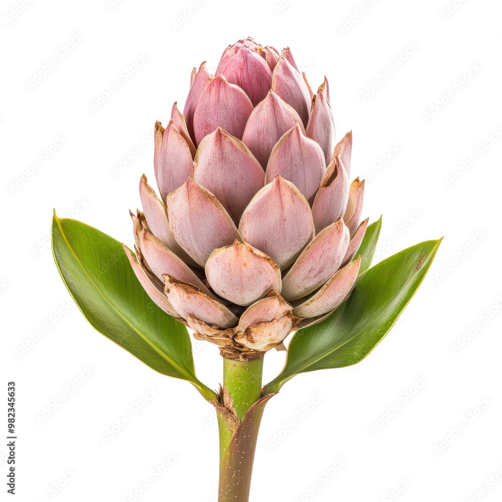 Vibrant pink protea flower blossom surrounded by green leaves in a natural botanical setting  The protea is a unique and exotic flower known for its beautiful intricate shape and striking color