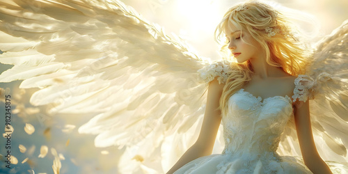Beautiful Angel of Light and Love - female angel stood with wings spread wide with bright light  behind ideal for Spiritual Angel therapy theme

