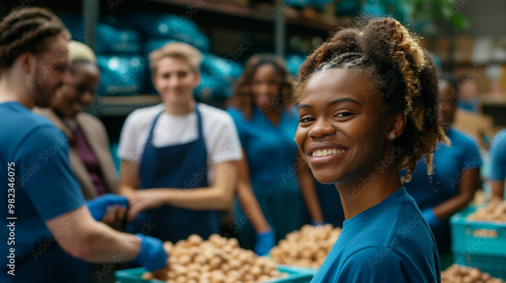 Happy volunteer smiling while helping at a food bank with team in background Happy volunteer smiling while helping at a food bank with team in background