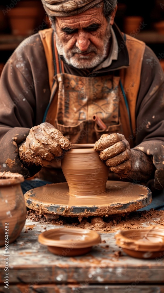 Elderly man in orange shirt and brown apron crafts clay pots on wheel, immersed in shaping clay into pots. Elderly man in orange shirt and brown apron crafts clay pots on wheel, immersed in shaping clay into pots.
