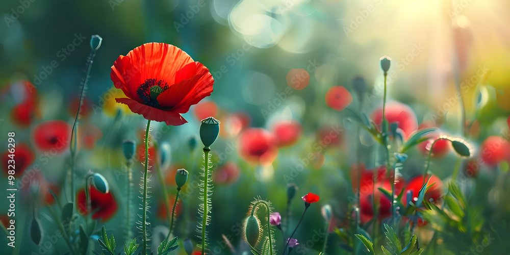 Obraz premium Poppies for Remembrance Sunday - a close of a single poppy flower head with a field of poppies behind ideal for a relevant message to remember those who lost their lives in the war 