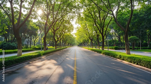 Fototapeta Naklejka Na Ścianę i Meble -  Asphalt road in the park with green trees