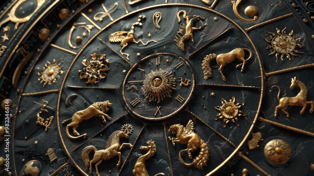 Naklejka premium A sophisticated black clock with gold zodiac symbols in a radial arrangement, each symbol represented by a gold statue. Mystical details on a black marble background.