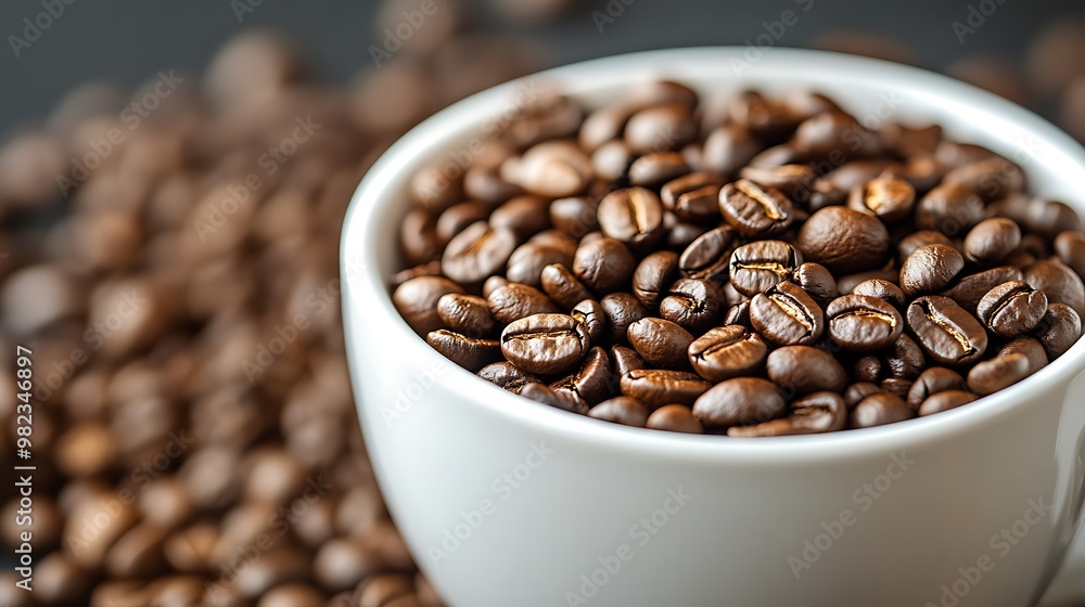 Fototapeta premium Close-up of a white cup filled with roasted coffee beans, with more beans scattered around.