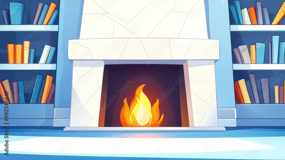 Modern fireplace design blends sleek marble and charming bookshelves, creating warmth in a stylish cartoon setting. Modern fireplace design blends sleek marble and charming bookshelves, creating warmth in a stylish cartoon setting.