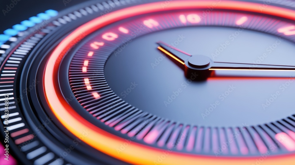 A close up of a clock with neon lights on it, AI A close up of a clock with neon lights on it, AI