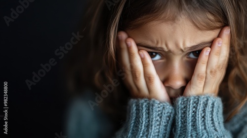 A person clad in a knit sweater covers their face with both hands in a shy manner, casting an impression of shyness or contemplation, perfect for themes of emotion and texture. photo