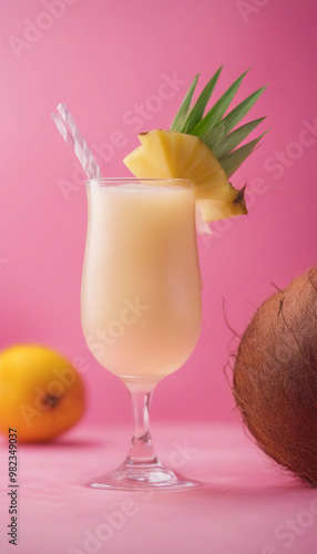 Summer coconut cocktail pina collada on pastel tropical pink background vertical photo