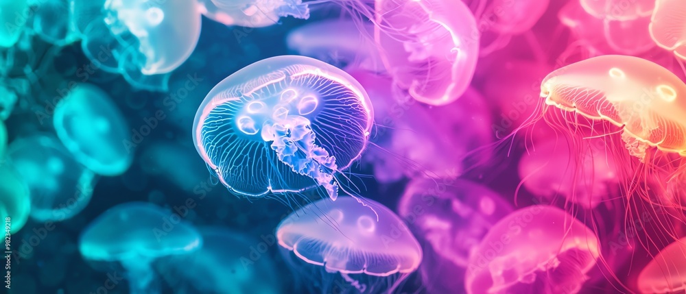 Stunning jellyfish gliding through vibrant underwater colors, showcasing their ethereal beauty in a mesmerizing aquatic world. Stunning jellyfish gliding through vibrant underwater colors, showcasing their ethereal beauty in a mesmerizing aquatic world.