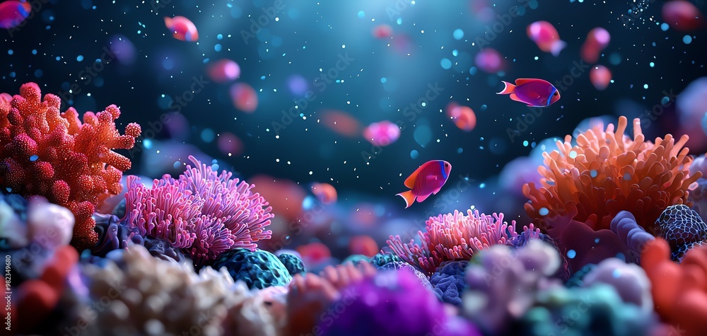 Fototapeta premium Vibrant underwater scene featuring colorful coral reefs and schools of fish, showcasing the beauty of marine life.
